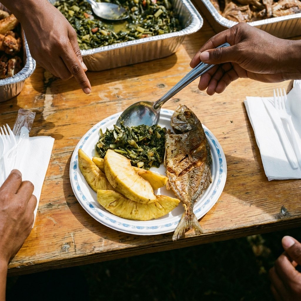 Roast breadfruit and jackfish being served