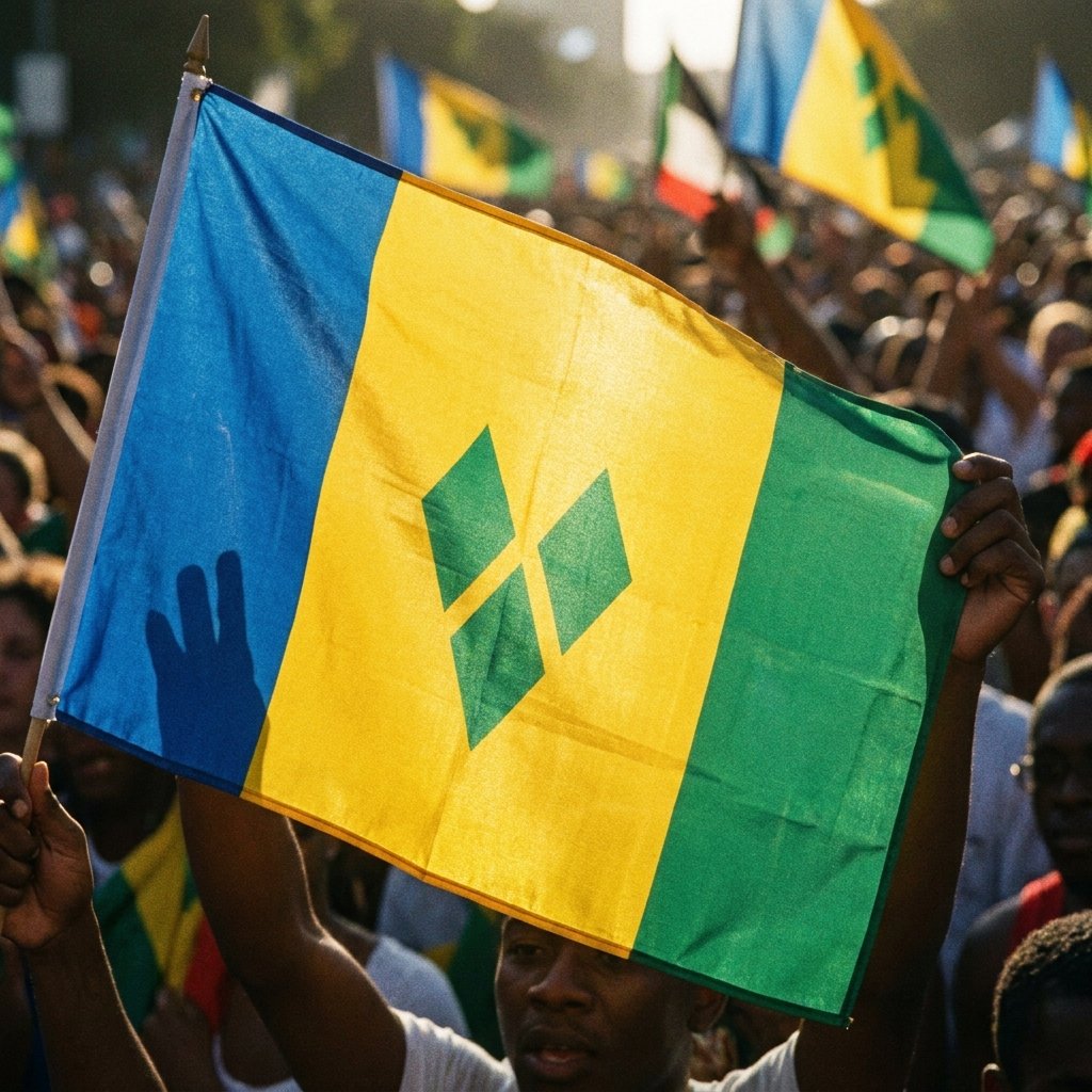The flag of St. Vincent and the Grenadines held up in a crowd